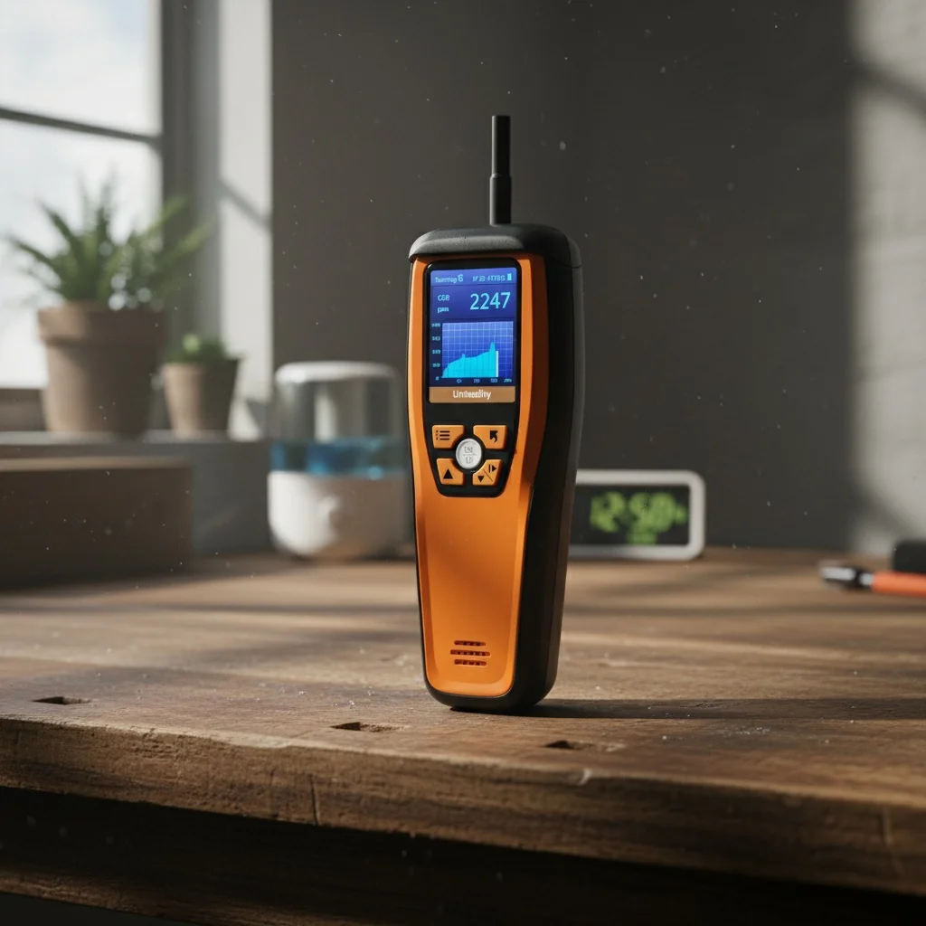 Indoor air quality monitor on a bedside table in a UK bedroom