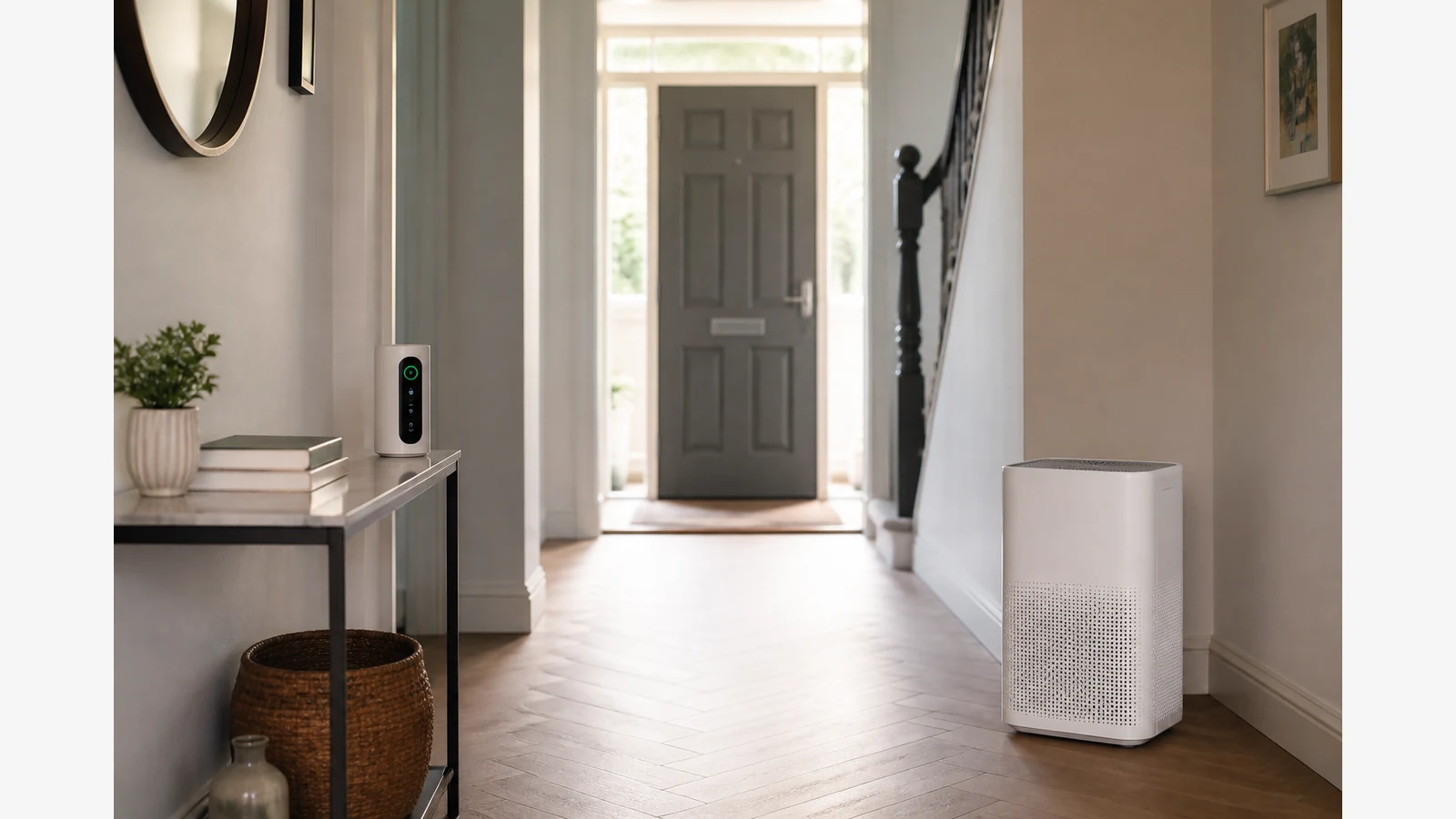 Side-by-side home air quality monitor and air purifier in a UK hallway