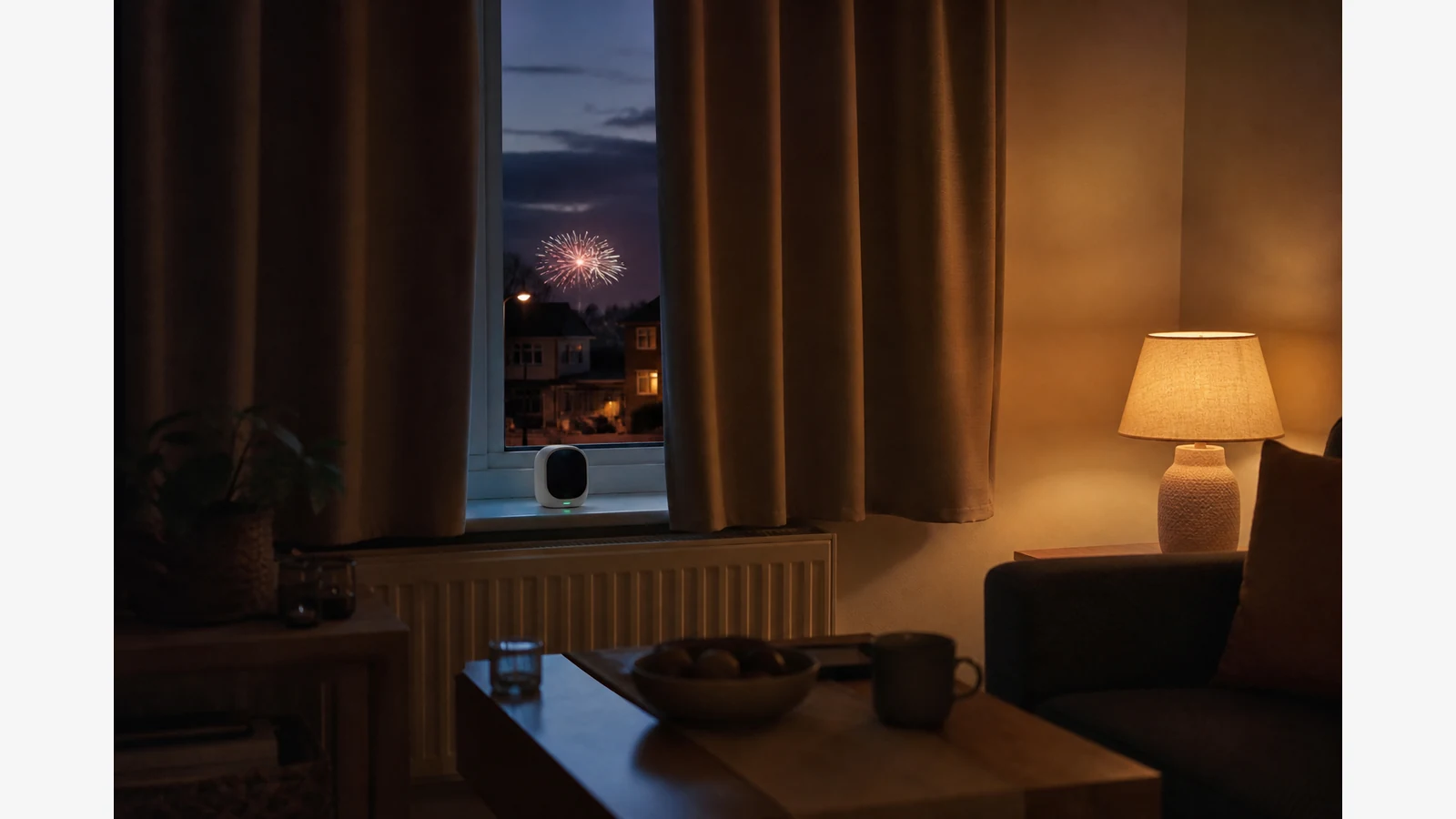 UK living room on Bonfire Night with curtains drawn and an indoor air quality monitor by the window