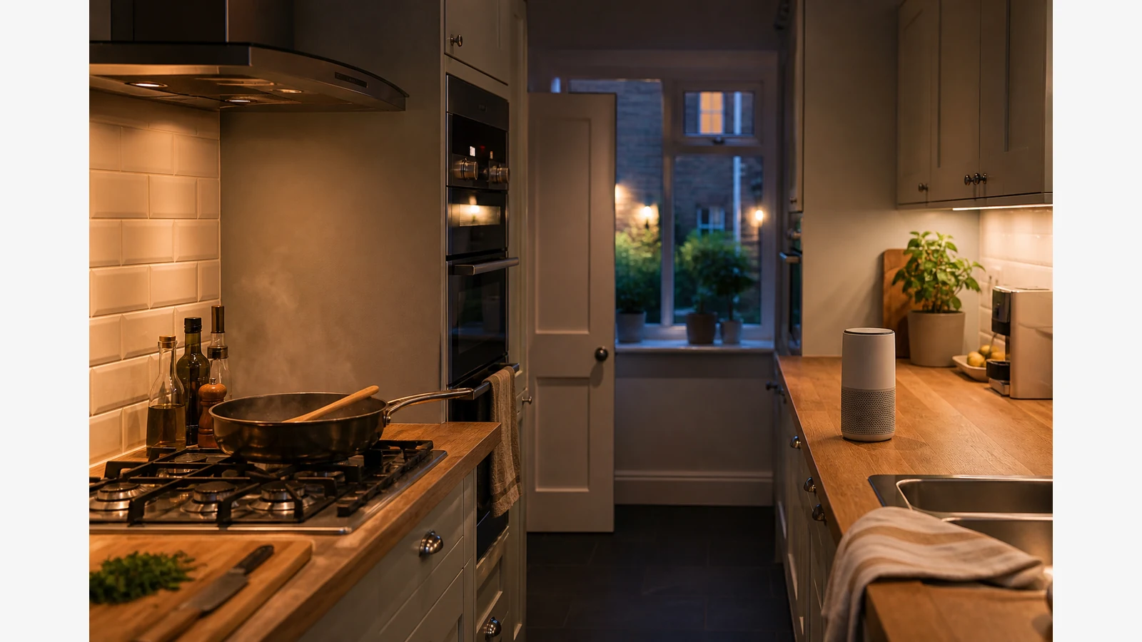 UK kitchen after cooking with an air quality monitor on the counter away from the hob