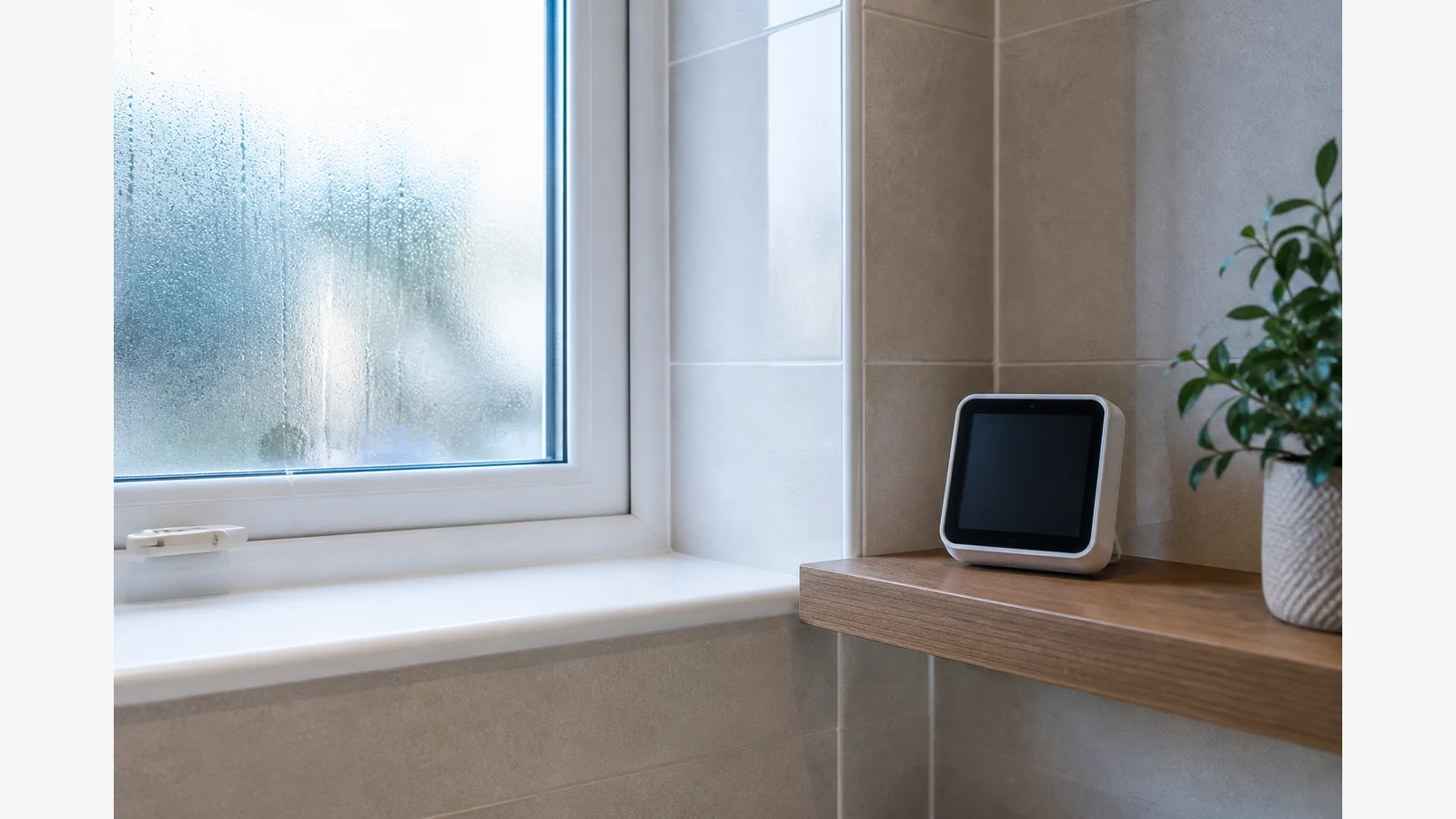Condensation on a UK bathroom window with an indoor air quality monitor on a nearby shelf