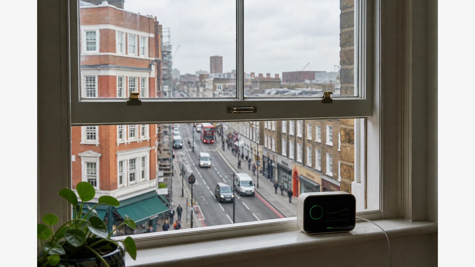 UK flat window ajar toward a busy street with an indoor air quality monitor on the sill