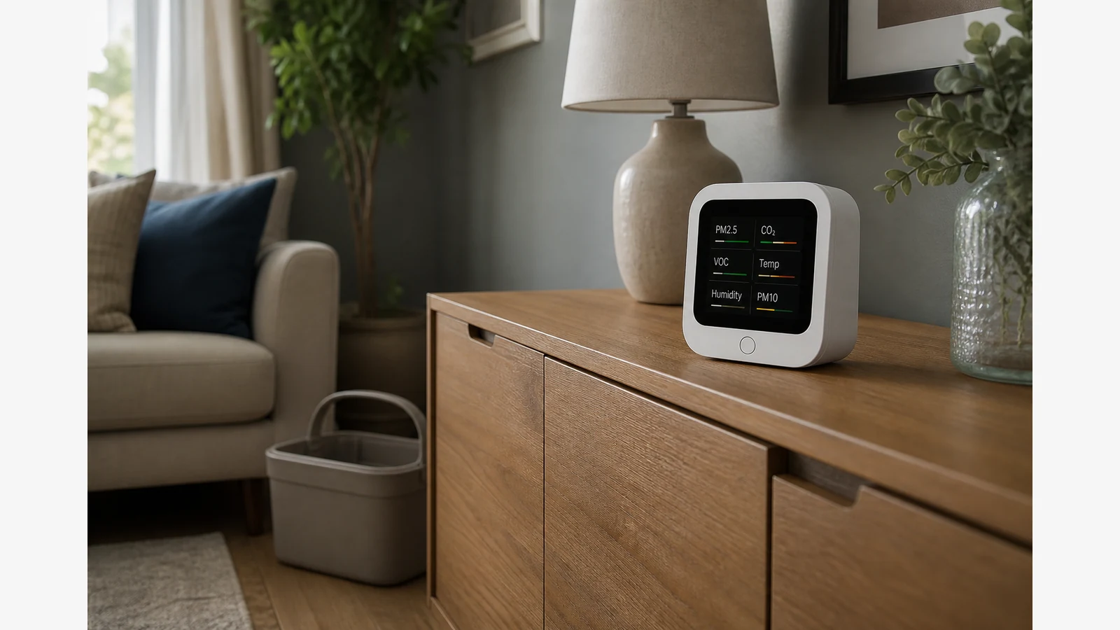 Home air quality monitor on a UK sideboard near everyday cleaning products